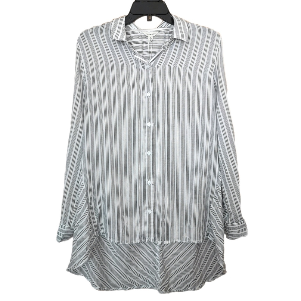 Max Studio Striped Flowy High-Low Long Button Up